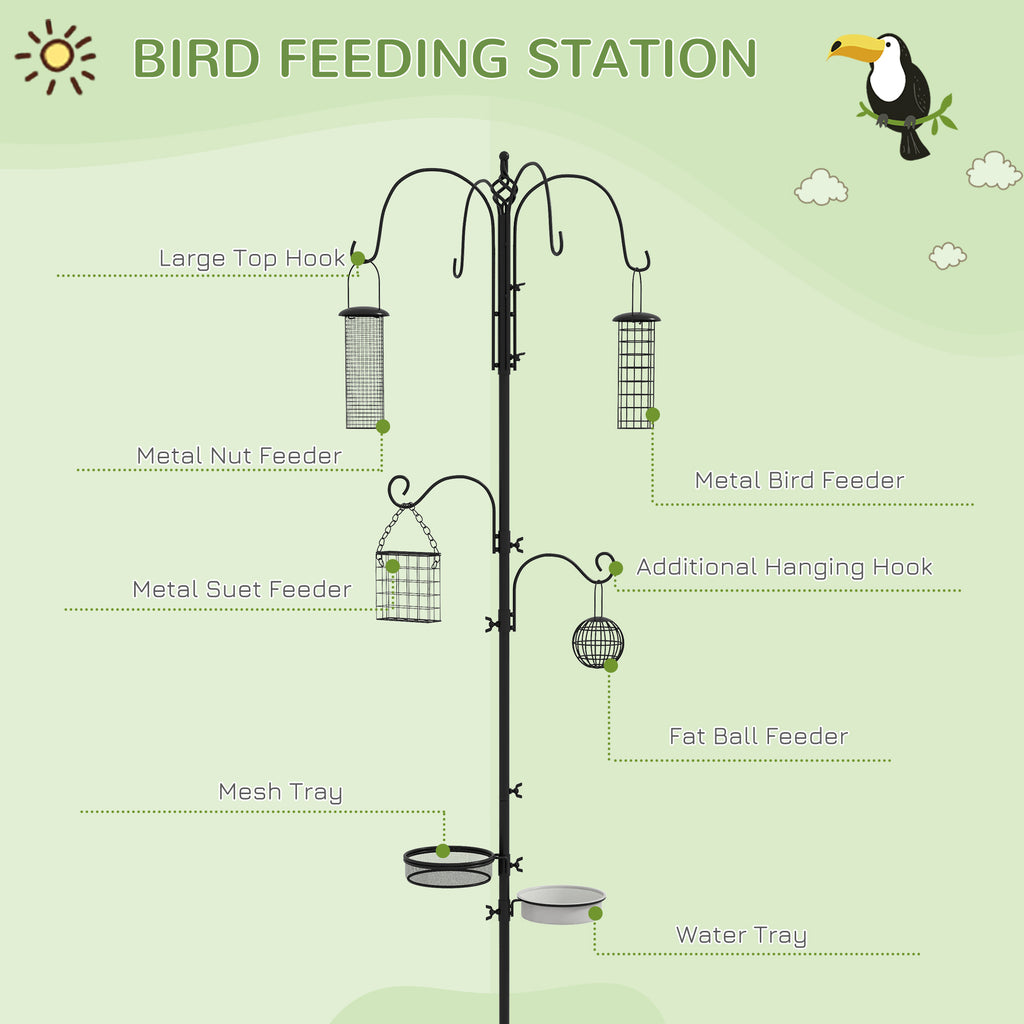 Pawhut Bird Feeding Station Kit, Wild Bird Feeder Pole With 6 Hooks, 4 Hanging Feeders For Peanuts, Seed, Fat Balls, For Garden, Outdoor, Black