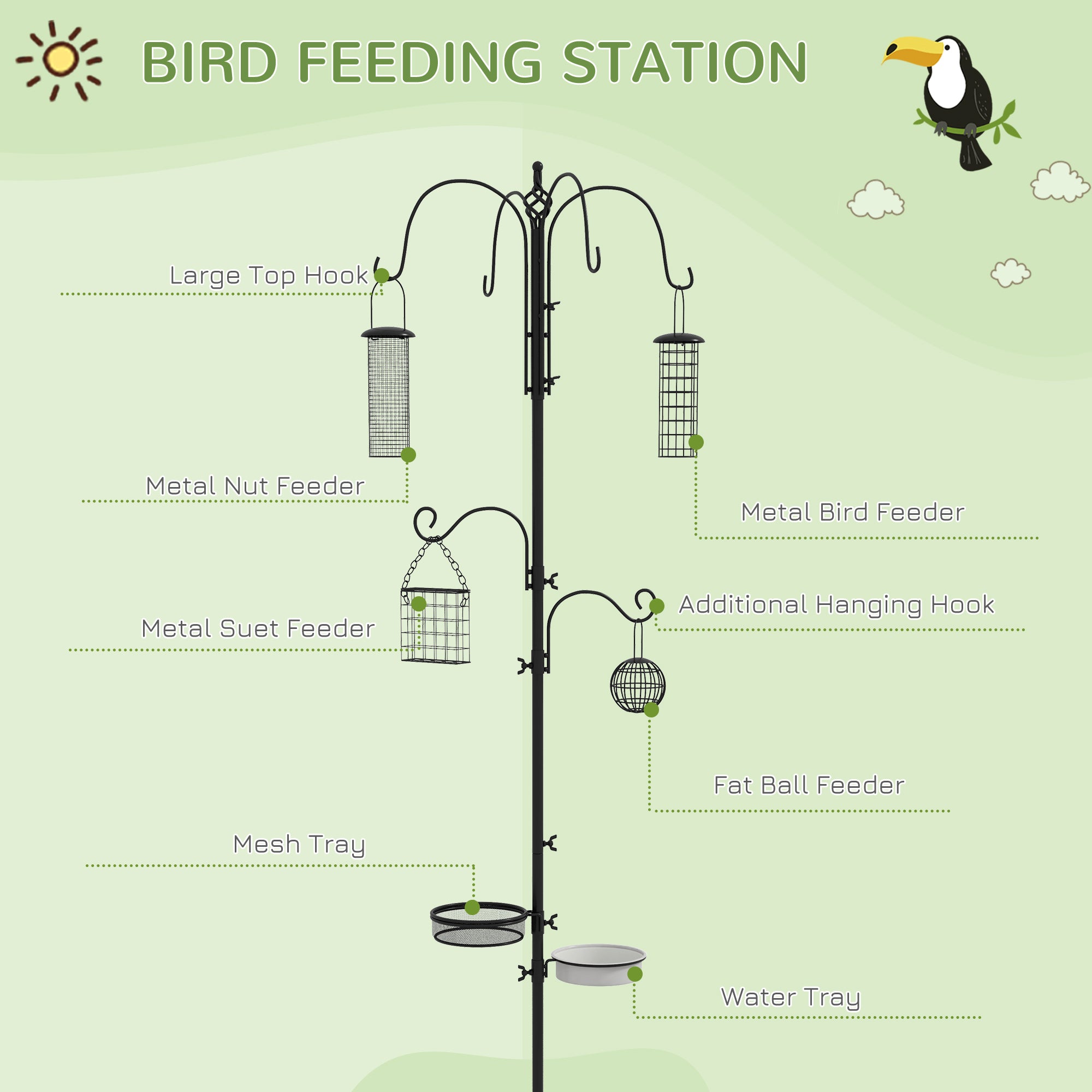 Pawhut Bird Feeding Station Kit, Wild Bird Feeder Pole With 6 Hooks, 4 Hanging Feeders For Peanuts, Seed, Fat Balls, For Garden, Outdoor, Black