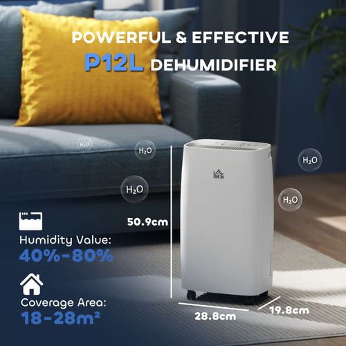 12L/Day Dehumidifier With Continuous Drainage, 2.5L Water Tank, 24H Timer, Humidity Display, For Home Damp, Condensation, Mould And Laundry Drying, White