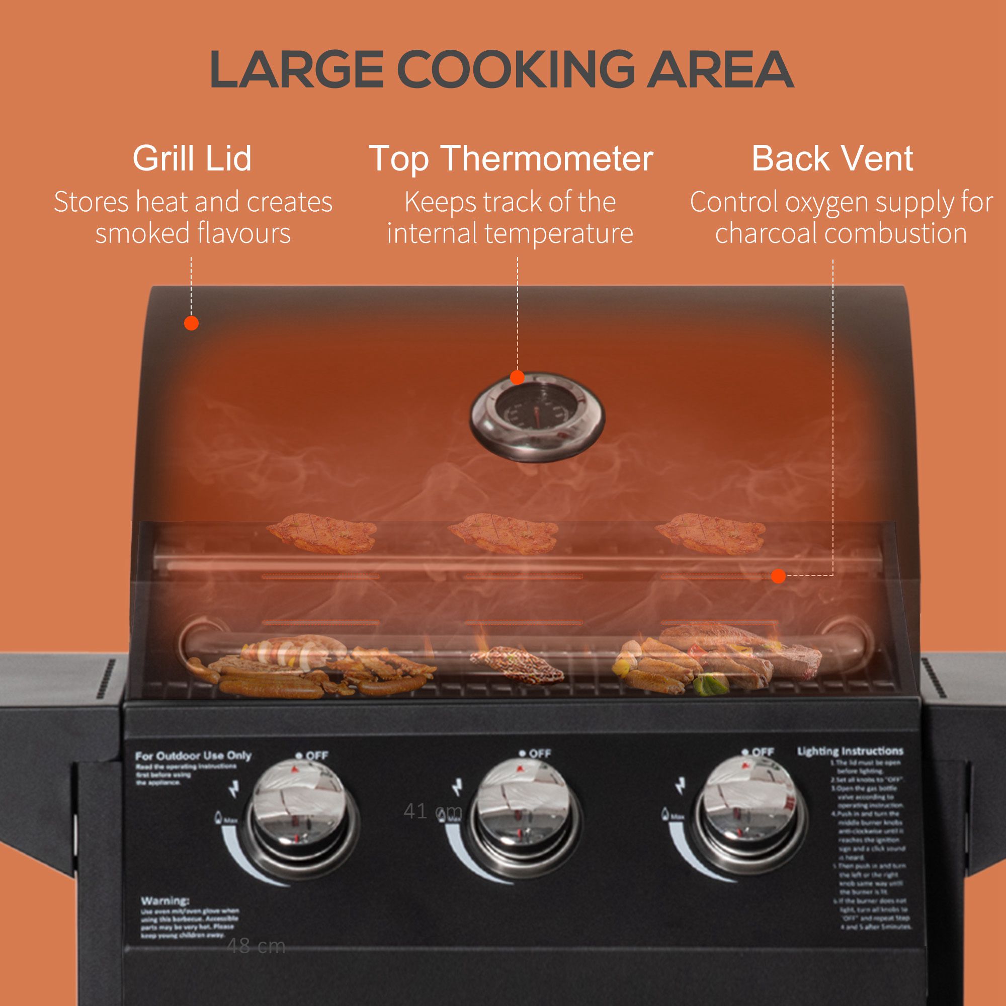 3 Burner Gas BBQ Grill Outdoor Portable Barbecue Trolley W/ Warming Rack, Side Shelves, Storage Cabinet, Thermometer, Carbon Steel, Black