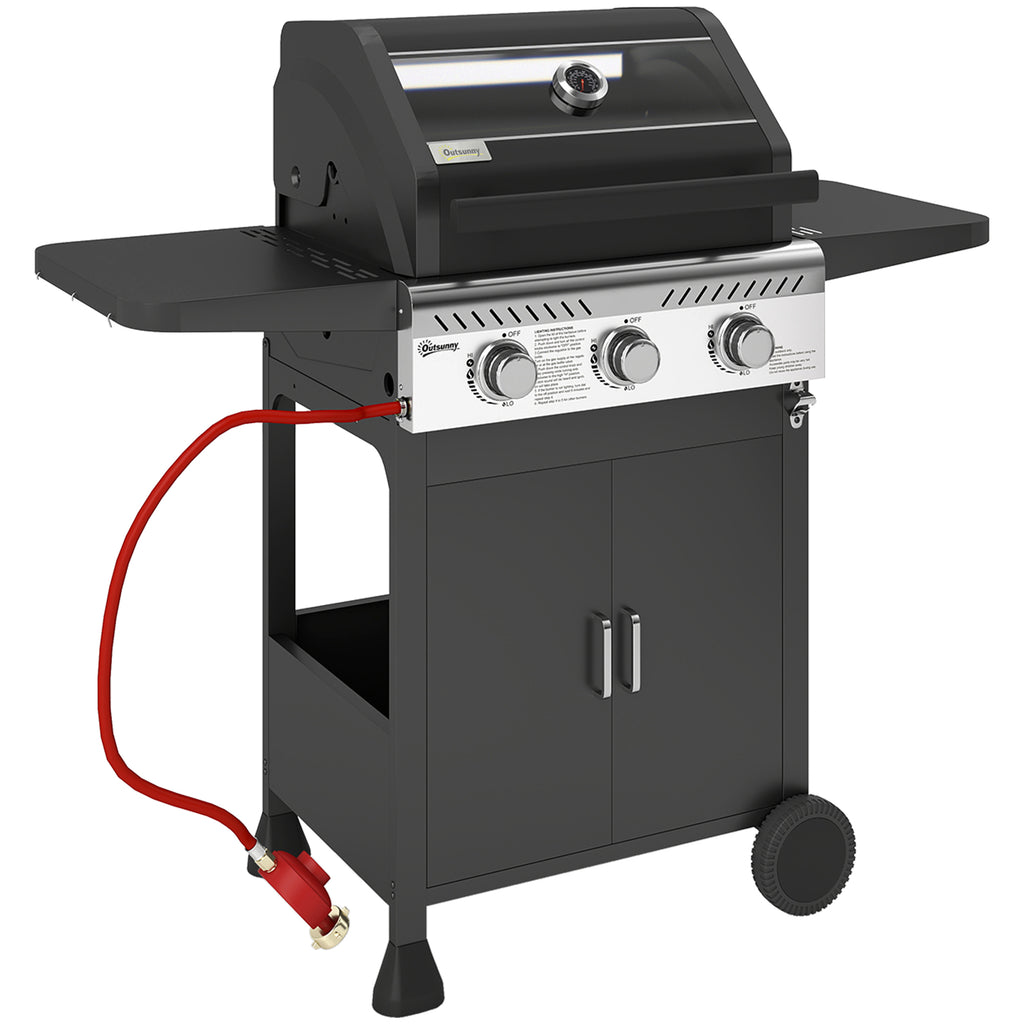 7.5kW Three-Burner Gas BBQ Grill, With See-Through Lid - Black