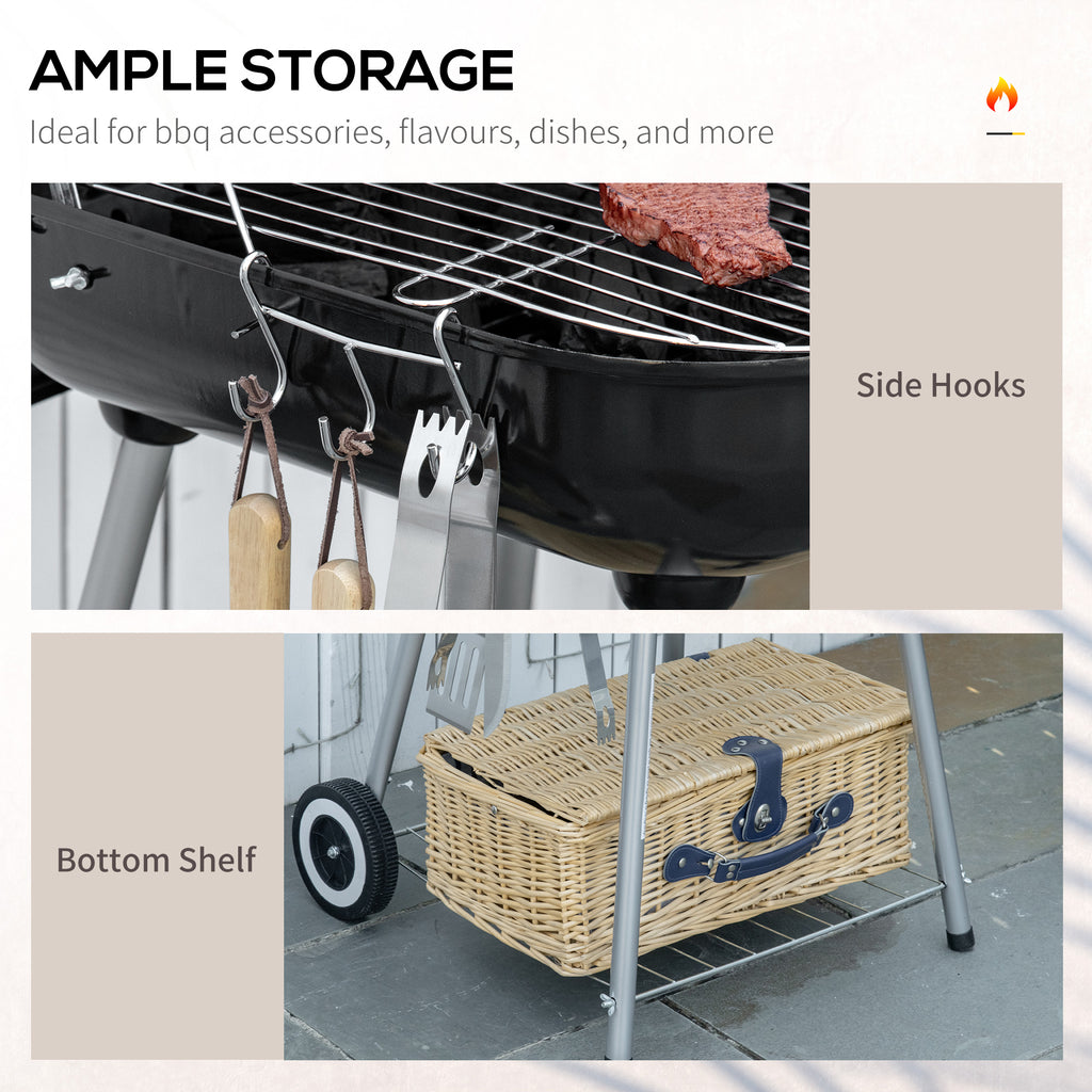 Portable BBQ Charcoal Grill With 2 Wheels And Cooking Utensils, Smoker Grill With Lid For Outdoor Barbecues, Camping, Picnic, Courtyard