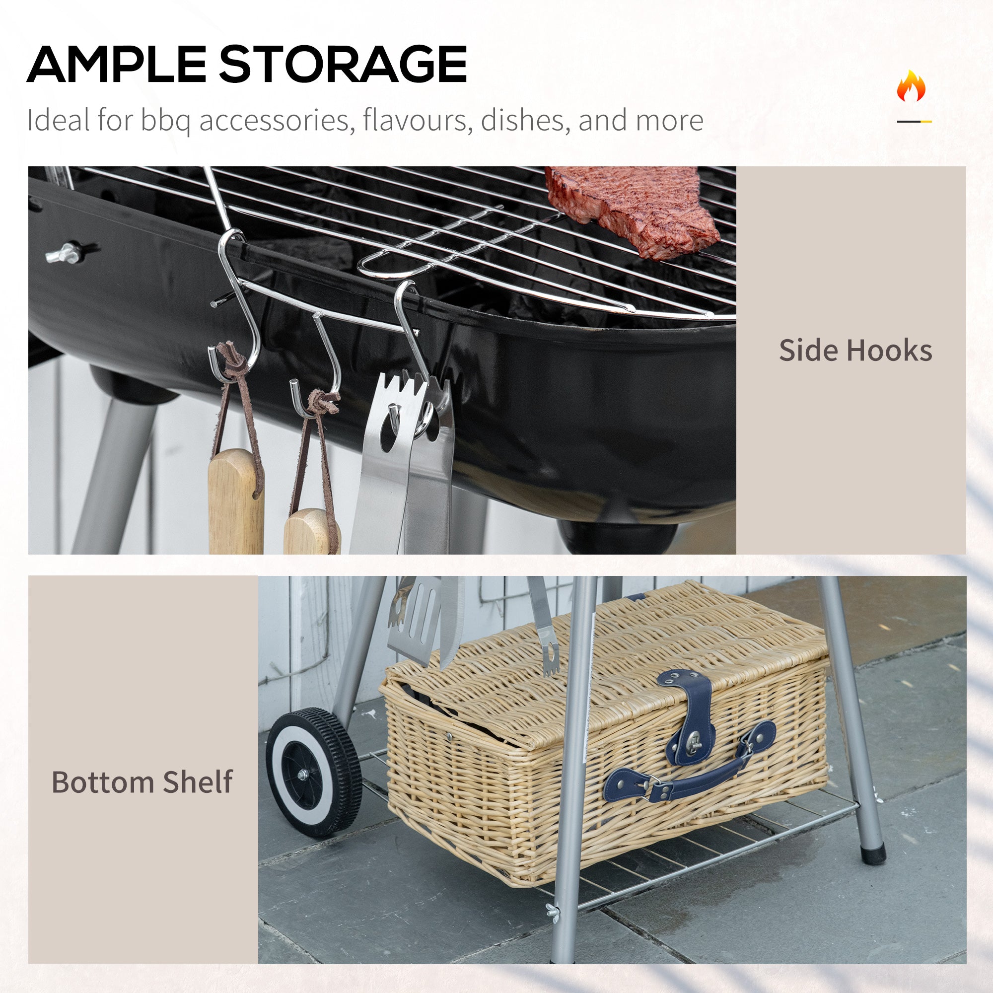 Portable BBQ Charcoal Grill With 2 Wheels And Cooking Utensils, Smoker Grill With Lid For Outdoor Barbecues, Camping, Picnic, Courtyard