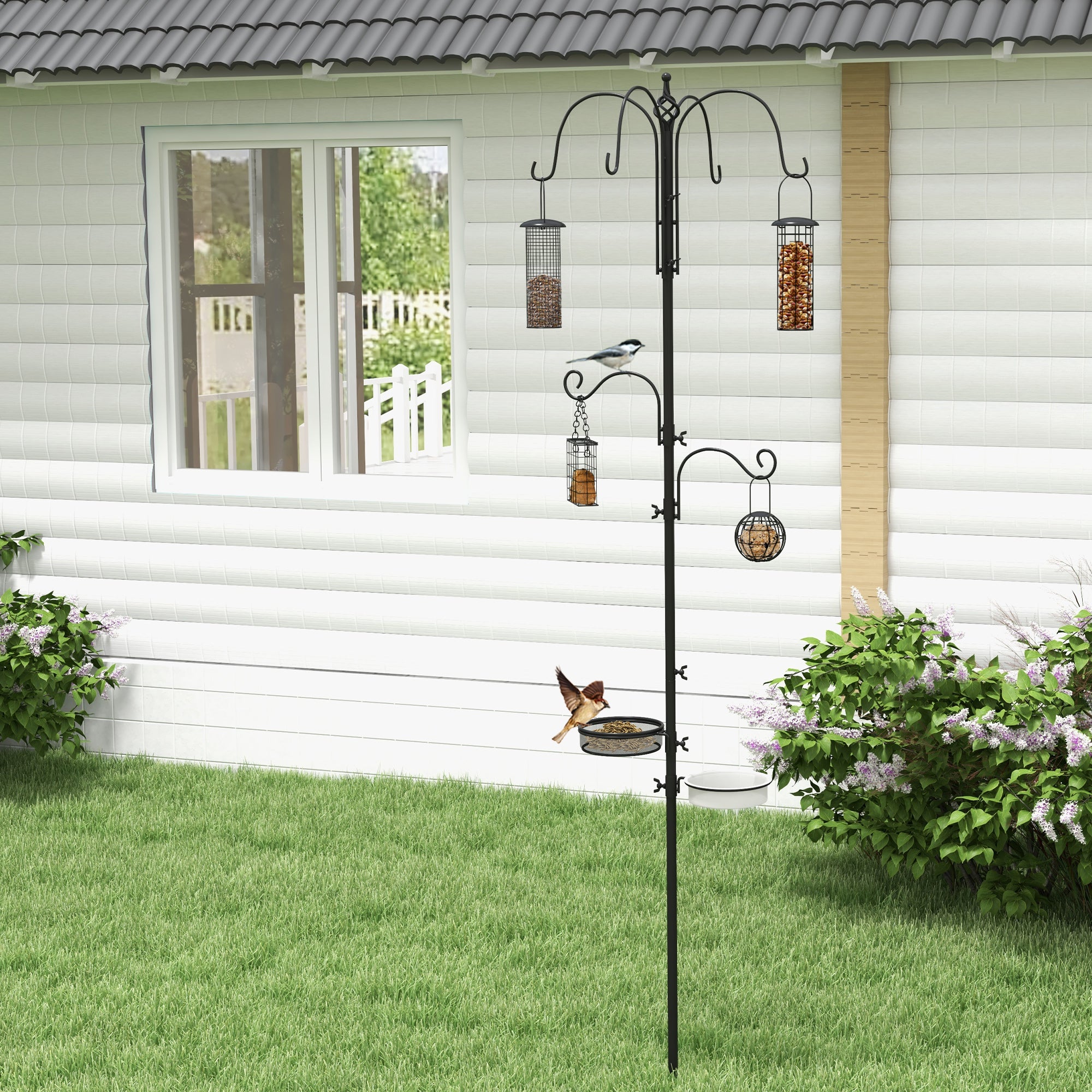 Pawhut Bird Feeding Station Kit, Wild Bird Feeder Pole With 6 Hooks, 4 Hanging Feeders For Peanuts, Seed, Fat Balls, For Garden, Outdoor, Black