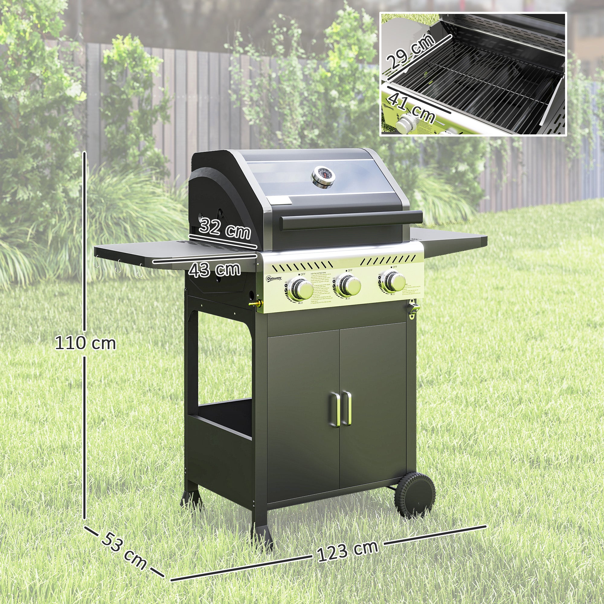 7.5kW Three-Burner Gas BBQ Grill, With See-Through Lid - Black