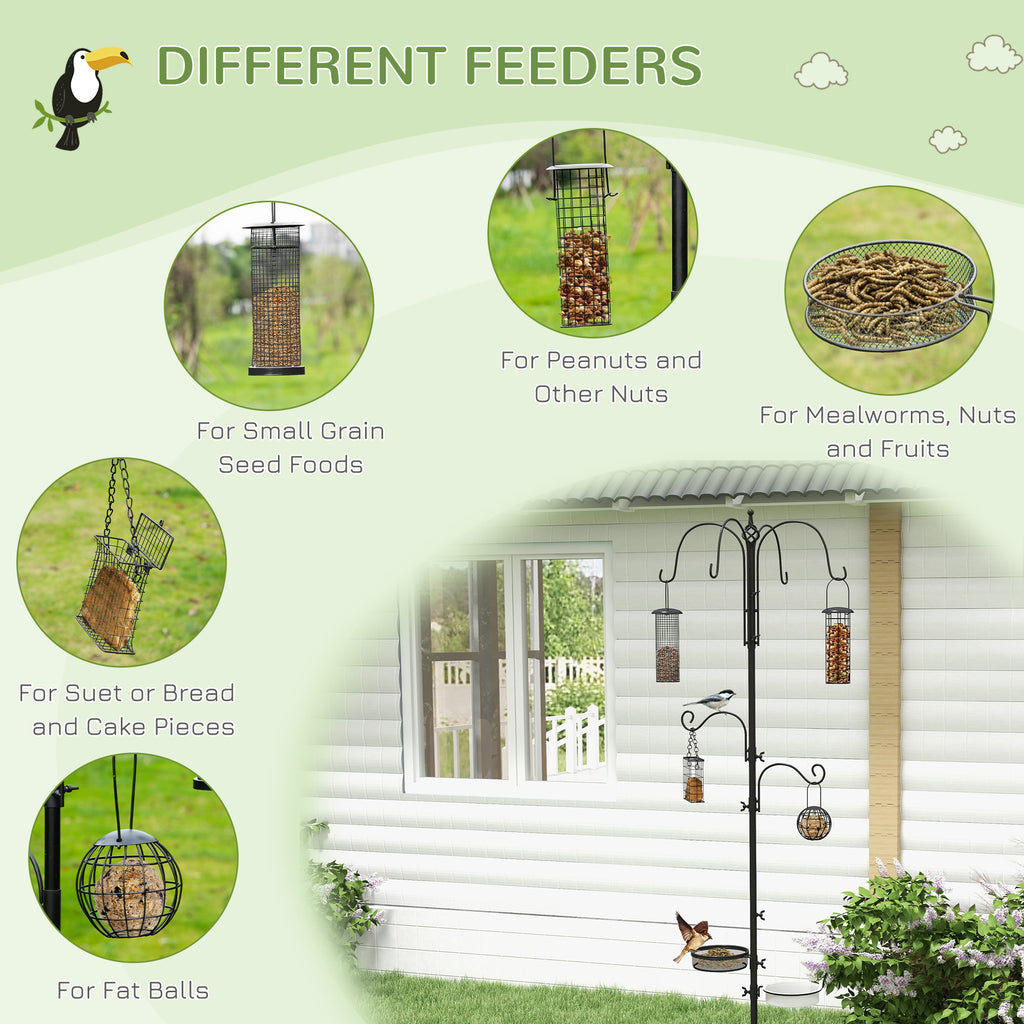 Pawhut Bird Feeding Station Kit, Wild Bird Feeder Pole With 6 Hooks, 4 Hanging Feeders For Peanuts, Seed, Fat Balls, For Garden, Outdoor, Black