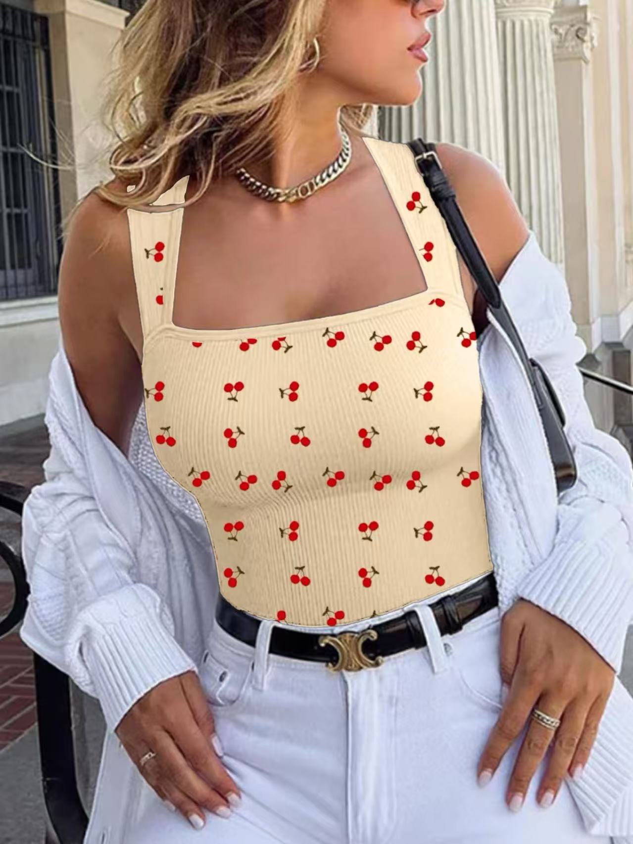 NEW Women's Summer Outfit Baby Blue Cherry Print Jumpsuit For Women Vintage Chic, Lightweight Perfect For Commute, Comfortable Stylish, Flattering Silhouette