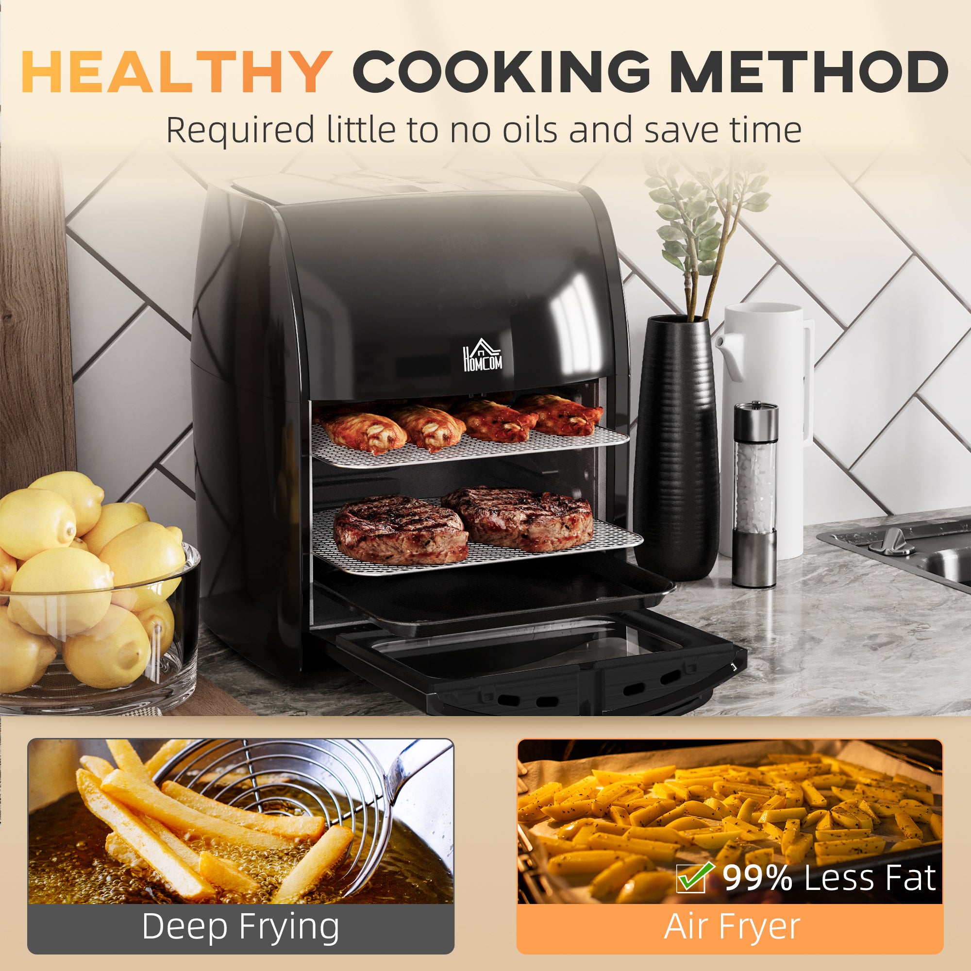 12L 8 In 1 Digital Air Fryer Oven With Roast, Bake, Dehydrate, 8 Preset Modes, Rapid Air Circulation, Timer, Inner Light, Memory Function, 1800W, Dish Wash Accessory, Black