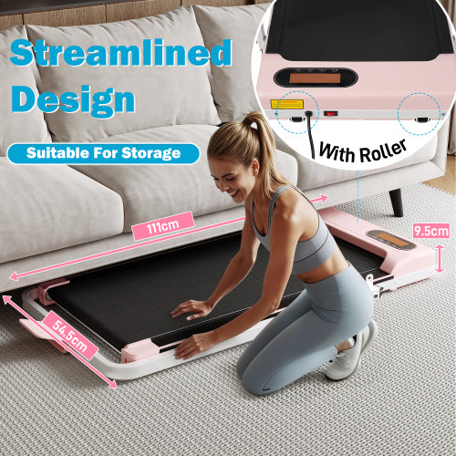 Folding Treadmill With Handrail & Adjustable Incline, 1-10 Km H Running Machine, Space Saving Low Noise Design, LED Display, Phone Holder, Remote Control, Transport Wheels  Plug, Pink.