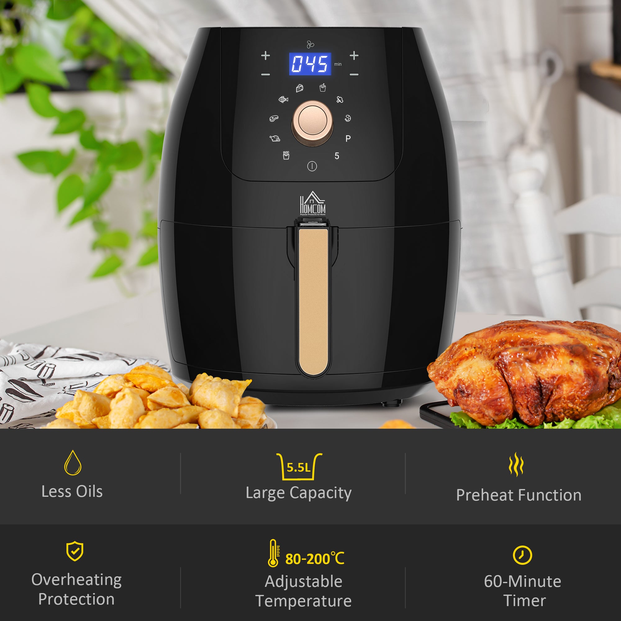 5.5L 1700W Air Fryer With Digital Display, 80-200℃