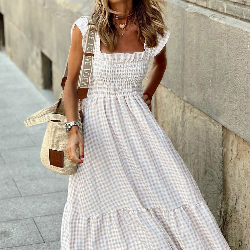 Elegant Square Neck A-Line Dress With Plaid Print, Ruffled Sleeves & Hem Versatile For Casual To Formal