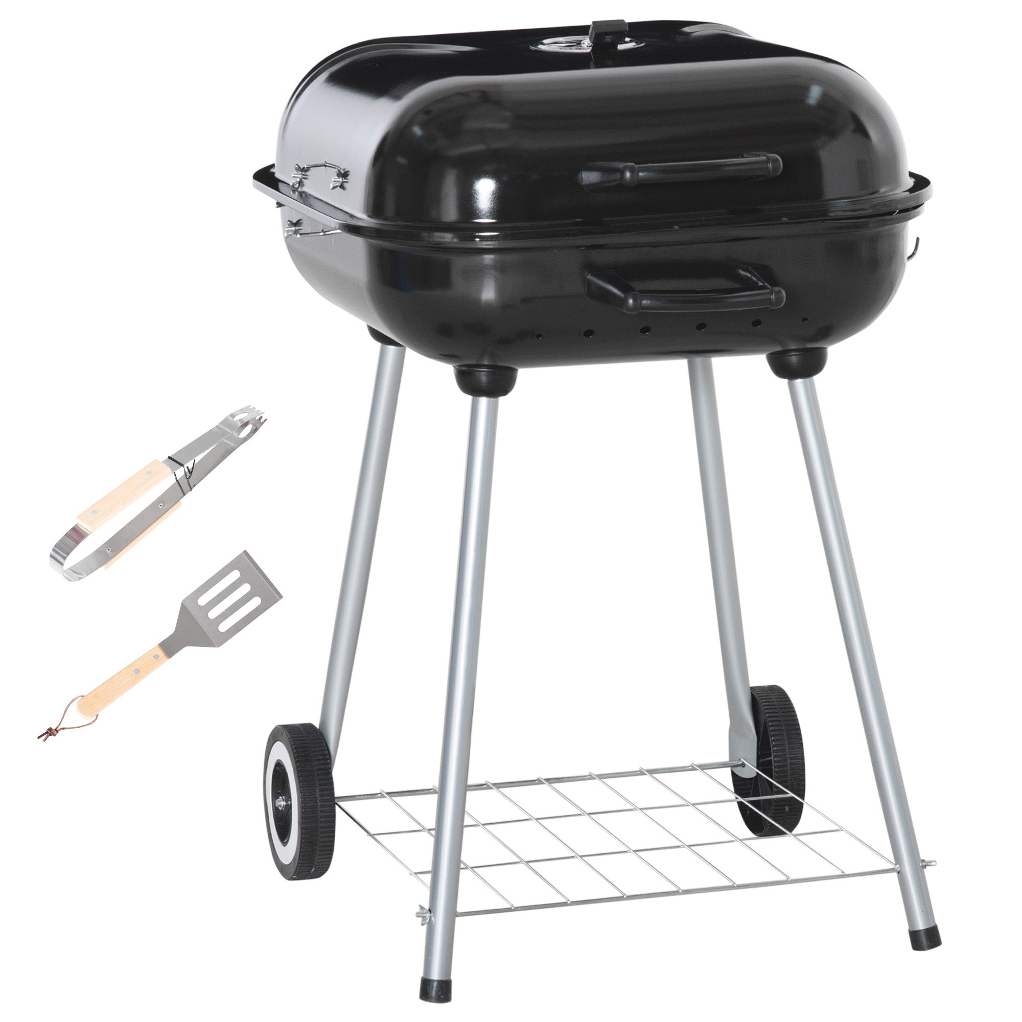Portable BBQ Charcoal Grill With 2 Wheels And Cooking Utensils, Smoker Grill With Lid For Outdoor Barbecues, Camping, Picnic, Courtyard