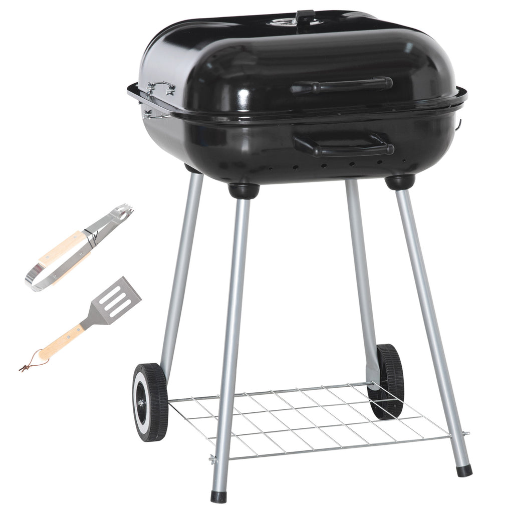 Portable BBQ Charcoal Grill With 2 Wheels And Cooking Utensils, Smoker Grill With Lid For Outdoor Barbecues, Camping, Picnic, Courtyard