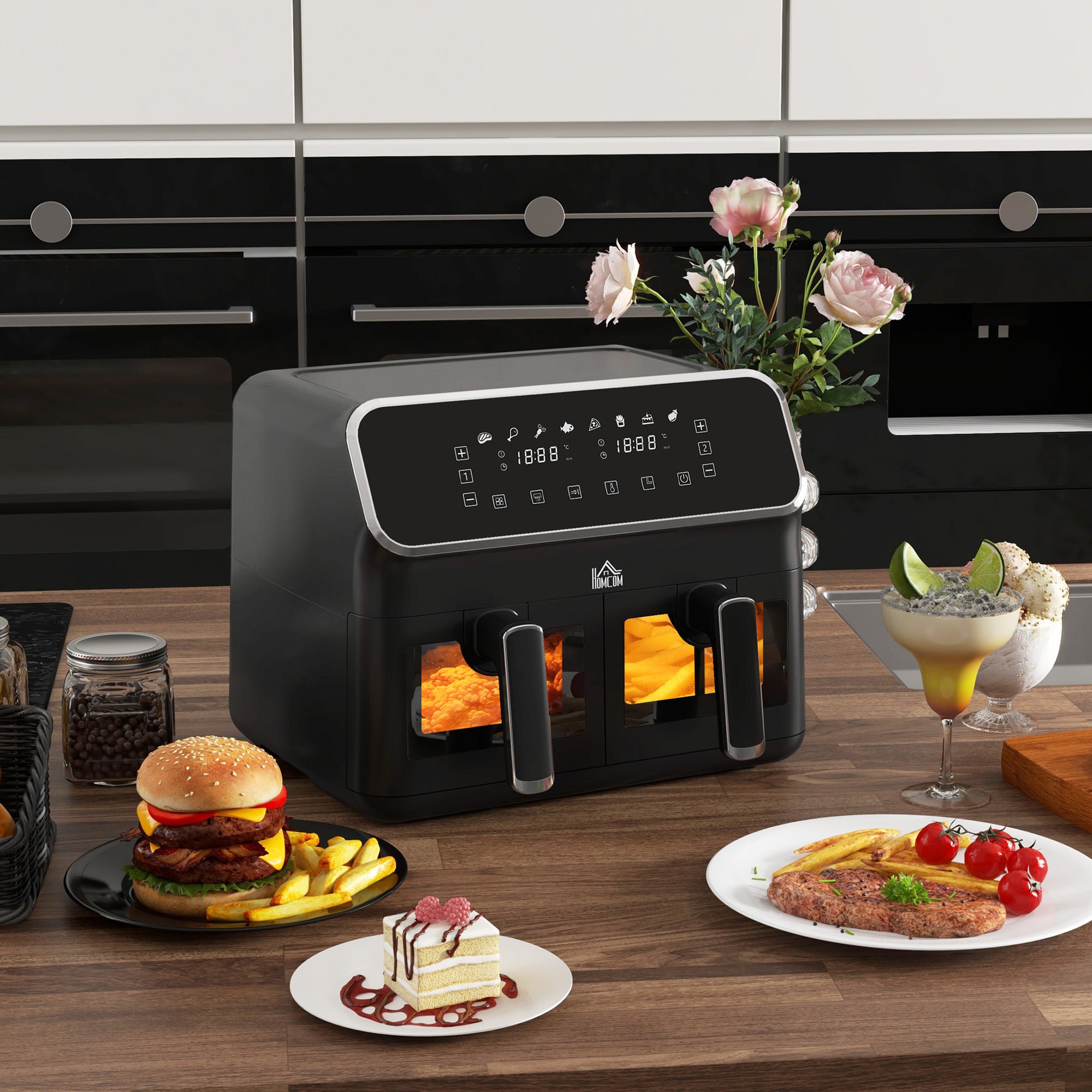 8L Dual Basket Air Fryer, 80-200℃, With Sync Function - Black/Silver