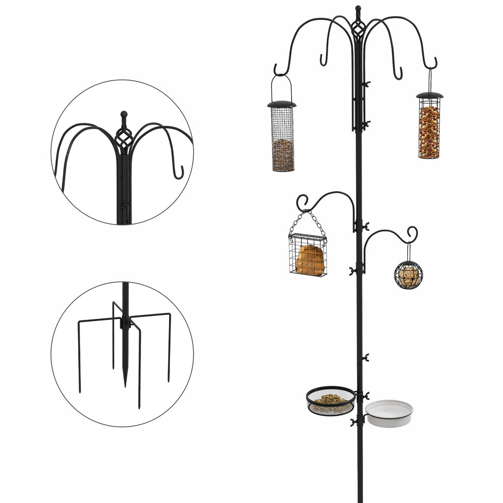 Pawhut Bird Feeding Station Kit, Wild Bird Feeder Pole With 6 Hooks, 4 Hanging Feeders For Peanuts, Seed, Fat Balls, For Garden, Outdoor, Black