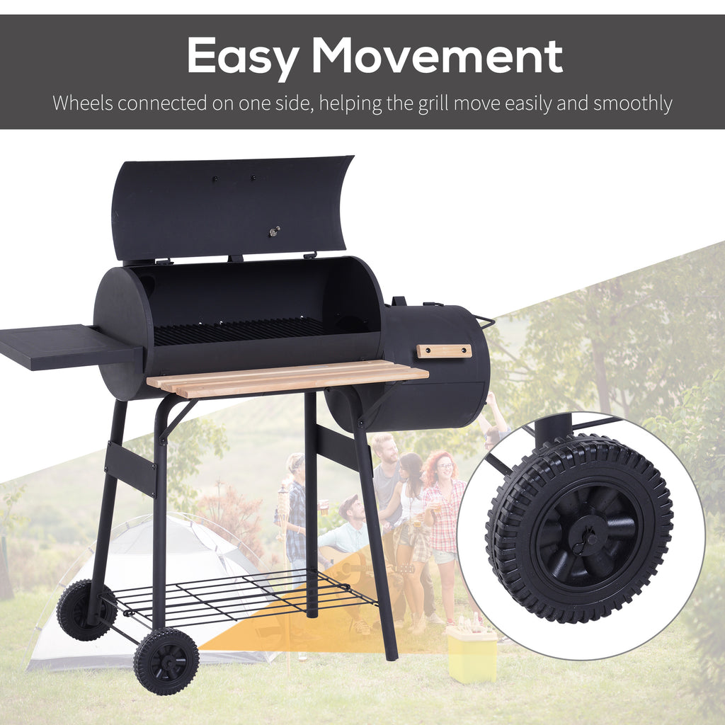 Portable Charcoal BBQ Grill, Cold-rolled Steel, Solid Wood, 104H X 124L X53W Cm-Black