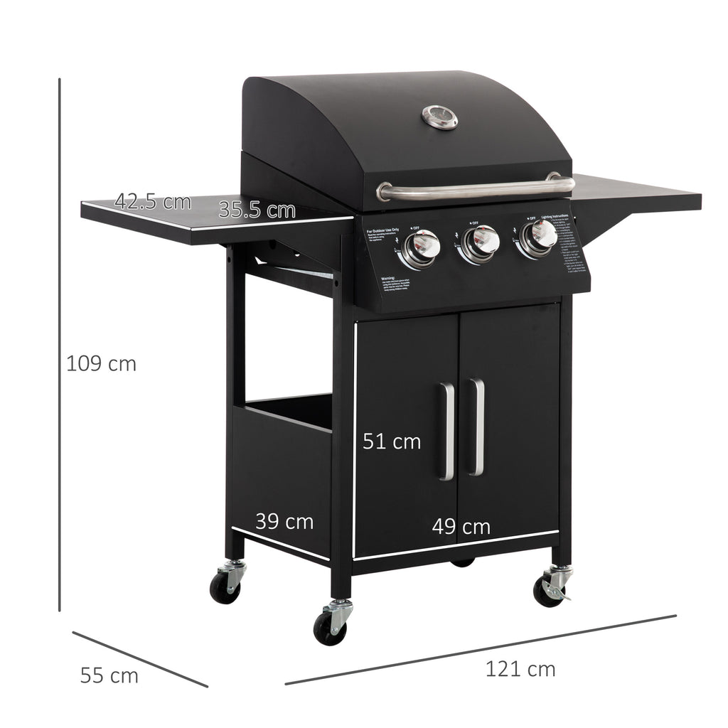 3 Burner Gas BBQ Grill Outdoor Portable Barbecue Trolley W/ Warming Rack, Side Shelves, Storage Cabinet, Thermometer, Carbon Steel, Black
