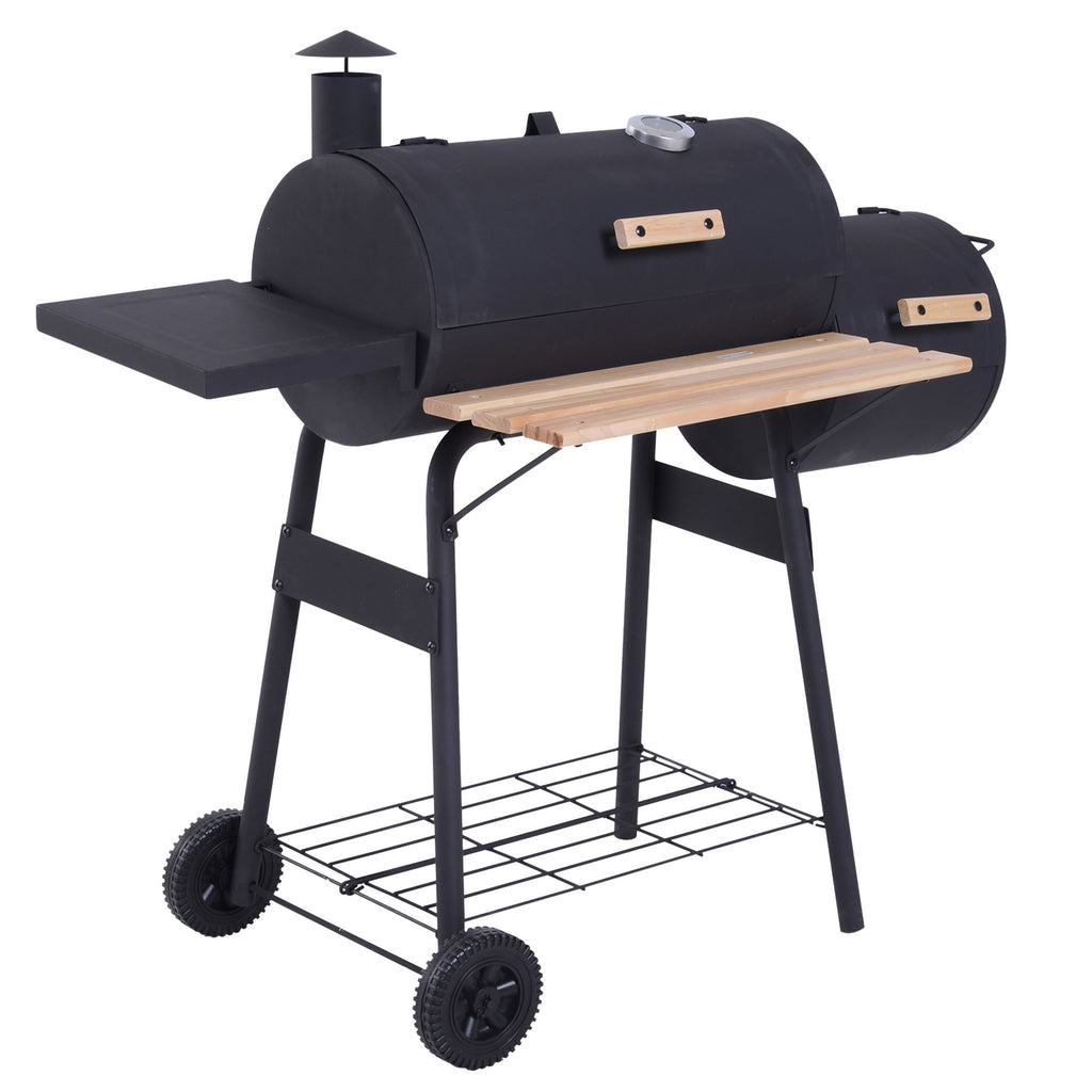Portable Charcoal BBQ Grill, Cold-rolled Steel, Solid Wood, 104H X 124L X53W Cm-Black