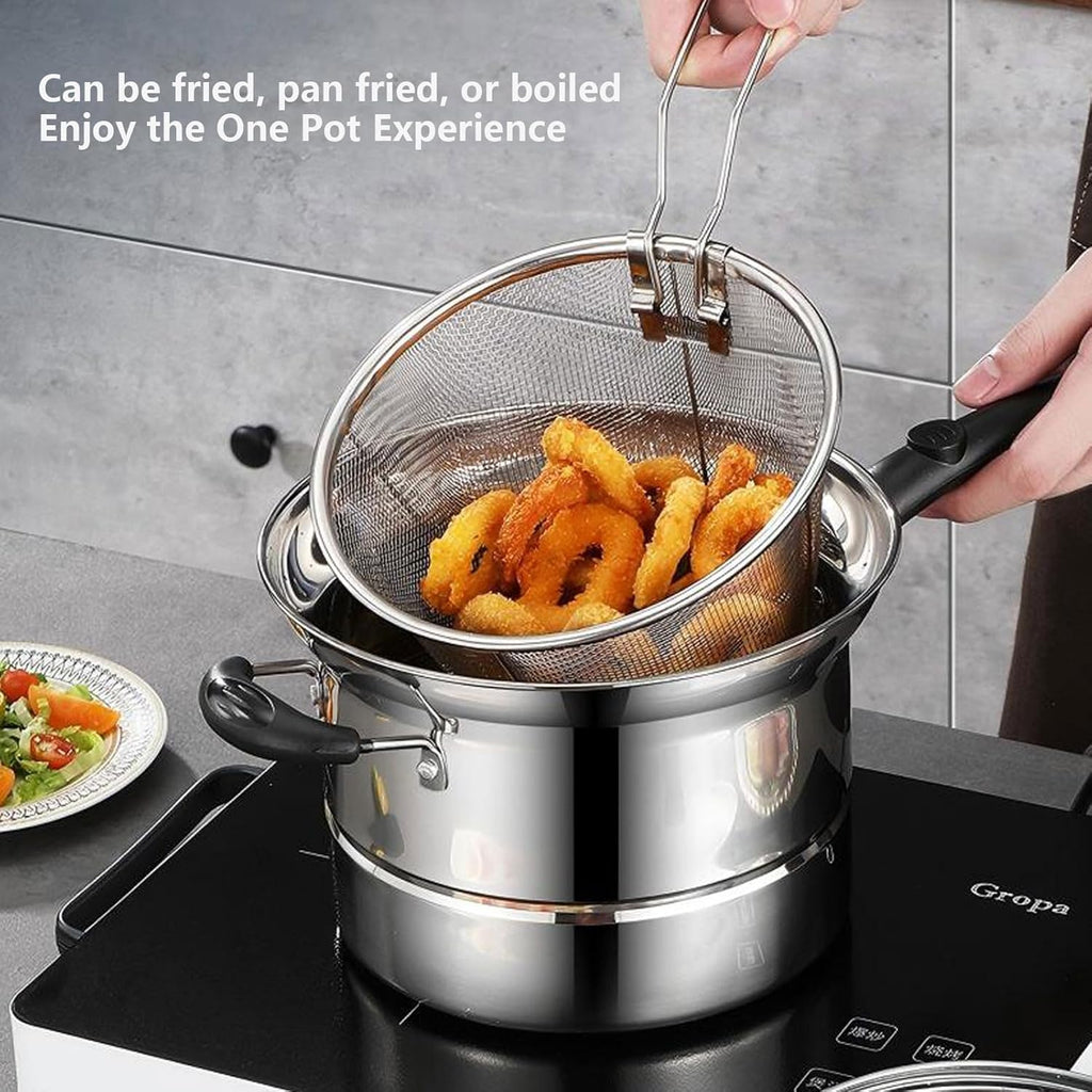 4pc Non Stick Chip Pan Deep Fat Fryer Cooking Noodle Soup Pot Frying Basket&Lid