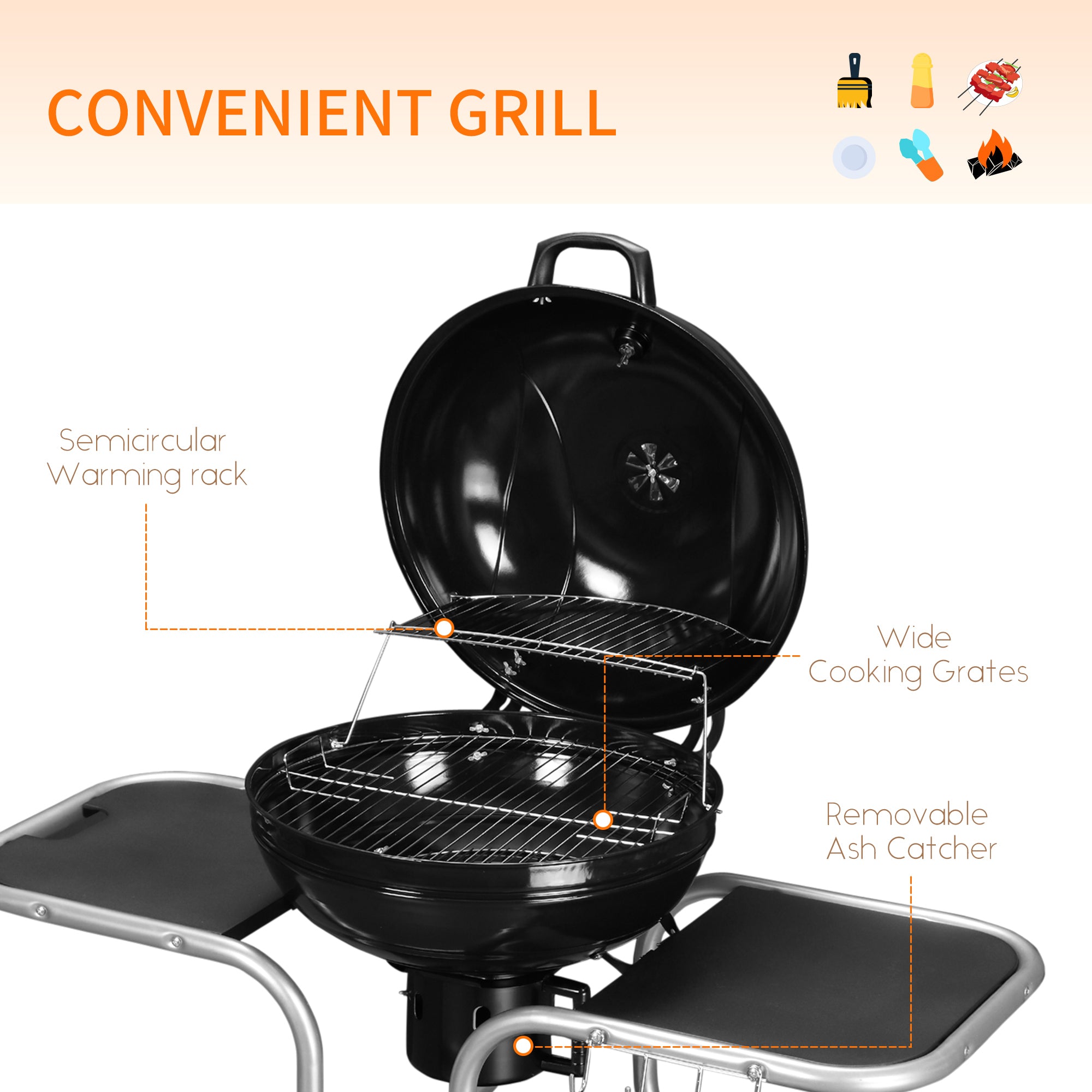 Portable Charcoal Kettle Grill Outdoor Barbecue Trolley BBQ Heat Smoker Grilling With 2 Wheels, Storage Shelf And 4 Hooks, Free Standing, Black