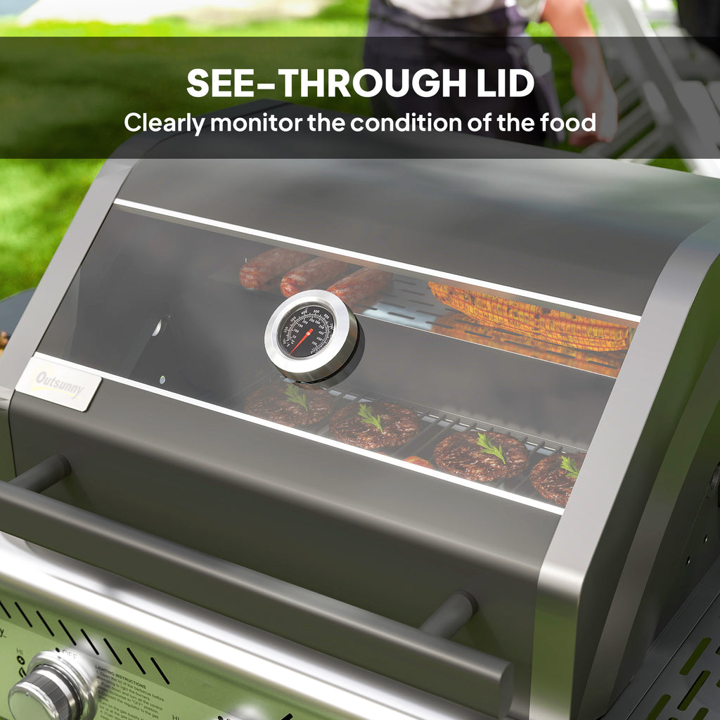 7.5kW Three-Burner Gas BBQ Grill, With See-Through Lid - Black