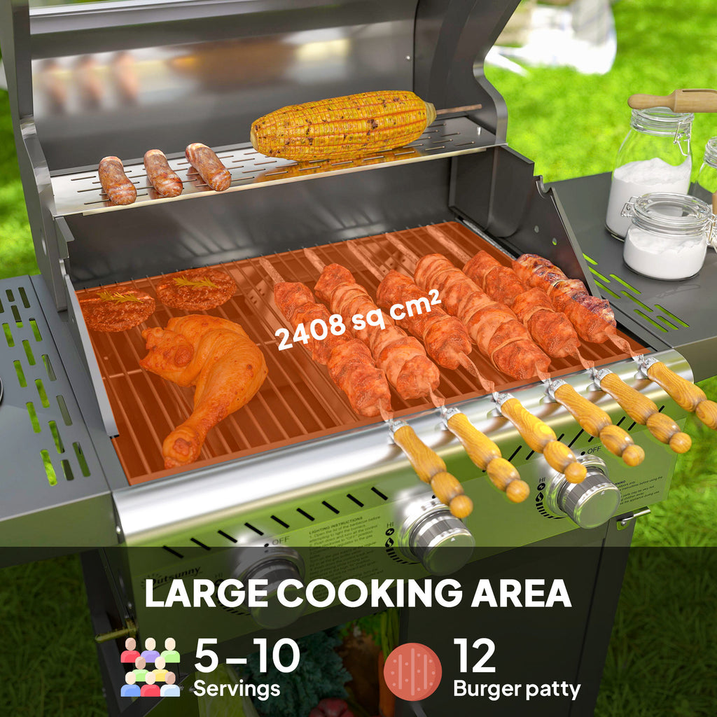 7.5kW Three-Burner Gas BBQ Grill, With See-Through Lid - Black