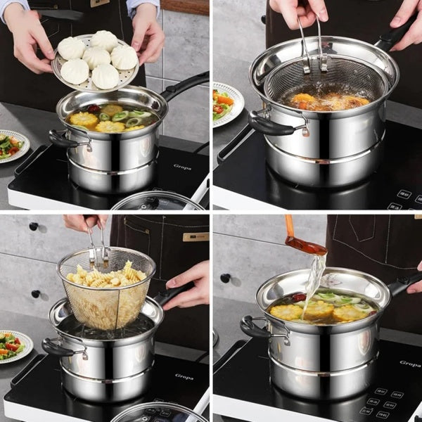 4pc Non Stick Chip Pan Deep Fat Fryer Cooking Noodle Soup Pot Frying Basket&Lid