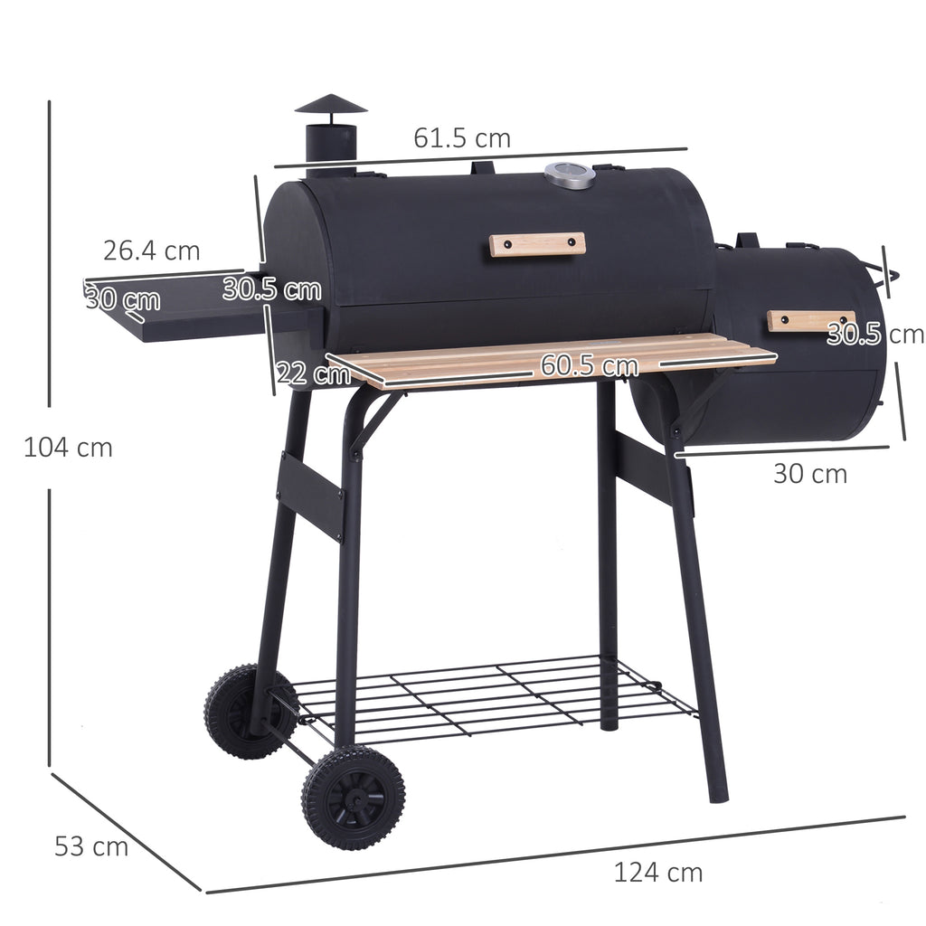 Portable Charcoal BBQ Grill, Cold-rolled Steel, Solid Wood, 104H X 124L X53W Cm-Black