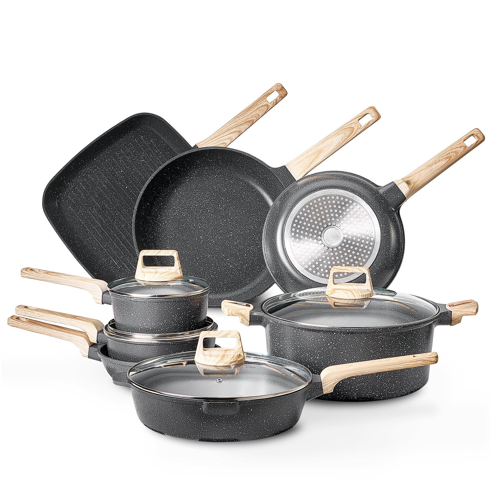 19 Piece Pots And Pans Set, Granite Nonstick Cookware Set, Induction Cookwares, Kitchen RV Cooking Sets With Frying, Sauce, Saute, Tempered Glass Lids, And Pan Protectors, Black