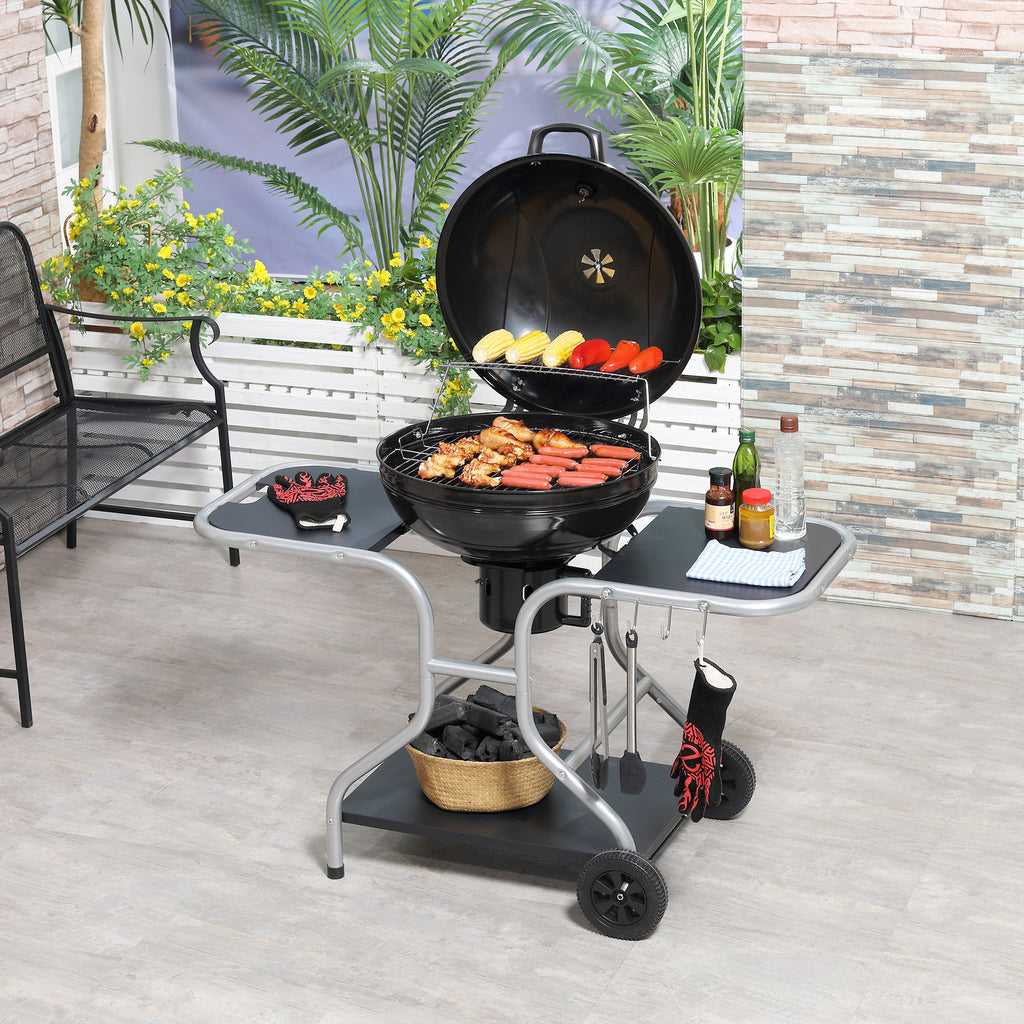 Portable Charcoal Kettle Grill Outdoor Barbecue Trolley BBQ Heat Smoker Grilling With 2 Wheels, Storage Shelf And 4 Hooks, Free Standing, Black