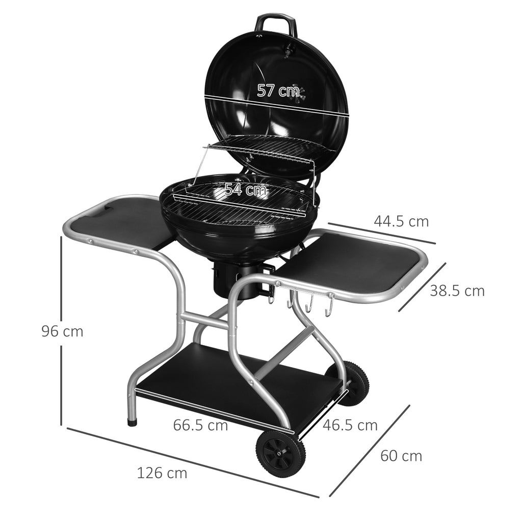Portable Charcoal Kettle Grill Outdoor Barbecue Trolley BBQ Heat Smoker Grilling With 2 Wheels, Storage Shelf And 4 Hooks, Free Standing, Black