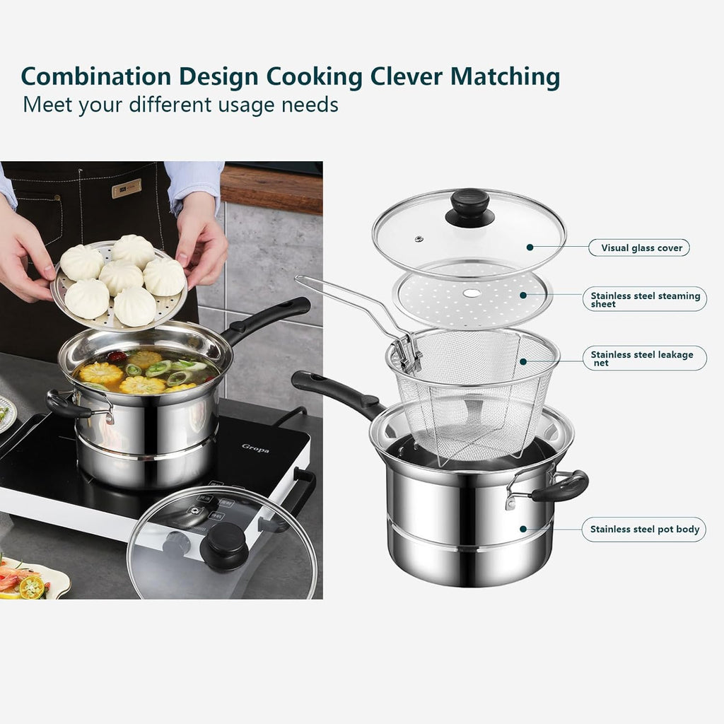 4pc Non Stick Chip Pan Deep Fat Fryer Cooking Noodle Soup Pot Frying Basket&Lid