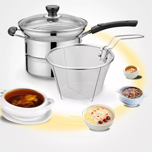4pc Non Stick Chip Pan Deep Fat Fryer Cooking Noodle Soup Pot Frying Basket&Lid