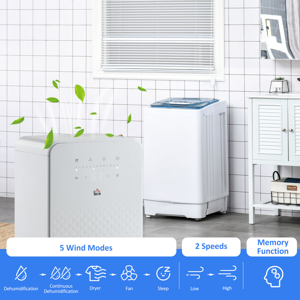 2000mL Portable Dehumidifier With Air Purifier, 24H Timer, 5 Modes, 10L/Day, For Home Laundry, White